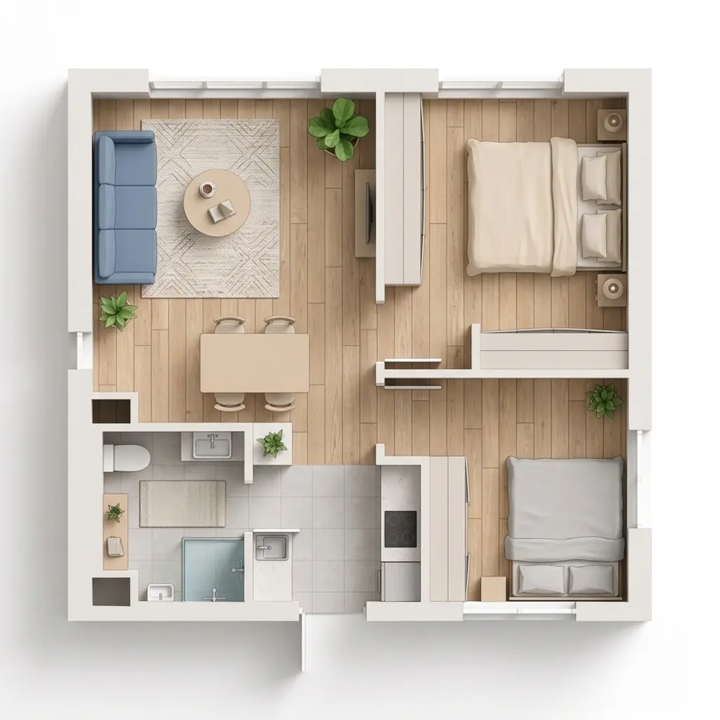 Esempio planimetria 3D assonometrica con arredo stilizzato